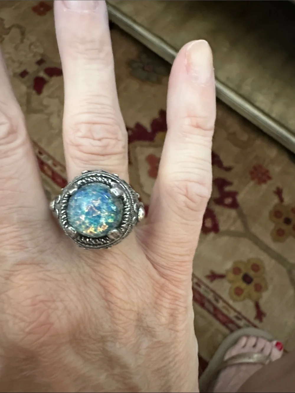 Iridescent Blue Opal Glass Dome Statement Ring - Sterling